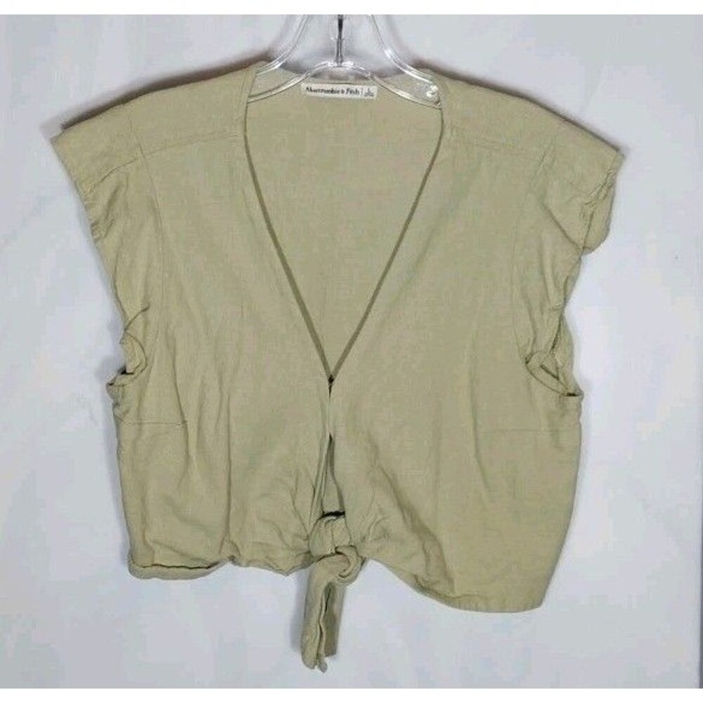 Abercrombie & Fitch Linen Blend Crop Top L Olive Viscose Tie Front Coastal Boho